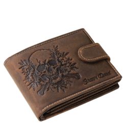 Vagány stílusú, koponyás mintával díszített fedelű valódi bőr férfi pénztárca a GreenDeed mintás kollekciójából, minőségi díszdobozos csomagolásban.
