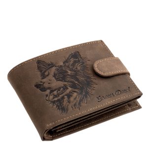 A valódi és minőségi bőr pénztárca fedelén border collie benyomat látható, ez a díszdobozos modell a kutyás pénztárca kollekcióját bővíti webáruházunkban