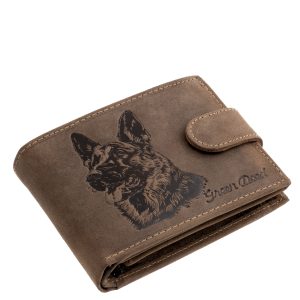 Valódi bőr pénztárca natúr hatású felülettel és egyedi, részletgazdag németjuhász mintával, minőségi díszdobozos csomagolással a GreenDeed-től.