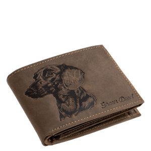 A pénztárca valódi bőr fedelét a népszerű tacskó kutyus, minőségi rajzolata díszíti, természetesen a GreenDeed márka díszdobozában kapható termék.
