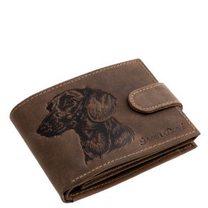 Ez az egyedi bőr pénztárca valódi bőrből készült, fedelét pedig a népszerű tacskó kutyafajtát ábrázoló, igényesen kidolgozott benyomás díszíti.