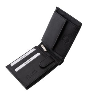 Klasszikus kialakítású, elegáns és minőségi férfi bőr pénztárca, amely valódi bőrből készült, körben stílusos szürke dísztűzéssel.