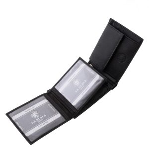 Klasszikus kialakítású, elegáns és minőségi férfi bőr pénztárca, amely valódi bőrből készült, körben stílusos szürke dísztűzéssel.