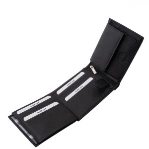 Klasszikus kialakítású, elegáns és minőségi férfi bőr pénztárca, amely valódi bőrből készült, körben stílusos szürke dísztűzéssel.