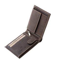 Díszdobozban kapható ez a kellemes megjelenésű, divatos, valódi bőr férfi pénztárca, mely vintage jellegű, karakteres modell, RFID védelemmel.