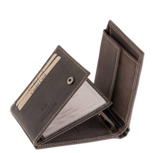 Díszdobozban kapható ez a kellemes megjelenésű, divatos, valódi bőr férfi pénztárca, mely vintage jellegű, karakteres modell, RFID védelemmel.