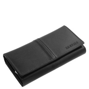 Nagy méretű, valódi bőr női pénztárca divatos külső dizájnnal, minőségi és mutatós La Scala díszdobozban. Fekete és piros színekben gyártott modell.