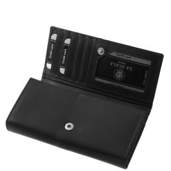 Nagy méretű, valódi bőr női pénztárca divatos külső dizájnnal, minőségi és mutatós La Scala díszdobozban. Fekete és piros színekben gyártott modell.