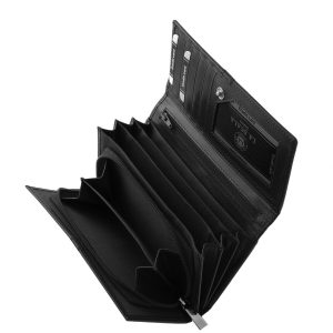 Nagy méretű, valódi bőr női pénztárca divatos külső dizájnnal, minőségi és mutatós La Scala díszdobozban. Fekete és piros színekben gyártott modell.