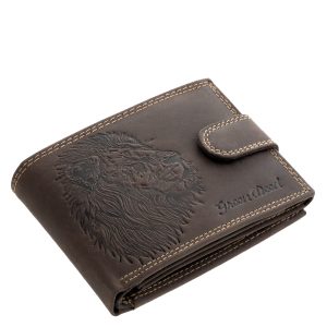 Díszdobozos, prémium minőségű, valódi bőr pénztárca, amelyet egy részletgazdag oroszlán minta díszít, kiemelve a termék karakteres és elegáns megjelenését.