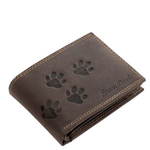 Kutyabarátok számára remek választás ez a díszdobozos, minőségi, valódi bőr pénztárca, melyet egyedi tappancsos minta díszít. GreenDeed márkás termék.