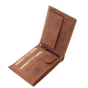 Ez a valódi bőr férfi pénztárca barna és szürke színekben érhető el, letisztult, sportosan elegáns és természetes megjelenéssel, díszdobozban.