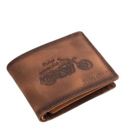 Minőségi, masszív valódi bőr férfi pénztárca modell, motoros mintával, egyedi vintage stílusban készült, díszdobozos termékünk.