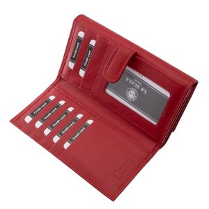 LA SCALA logóval díszített nagyméretű puha bőr női pénztárca praktikus belsővel. Fedelének széleit dupla soros dísztűzés teszi mutatóssá.