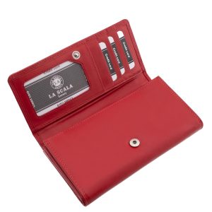 LA SCALA logóval díszített nagyméretű puha bőr női pénztárca praktikus belsővel. Fedelének széleit dupla soros dísztűzés teszi mutatóssá.