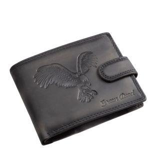 Ez a valódi bőrből készült, vintage stílusú férfi bőr pénztárca karakteres, sas mintás fedéllel és praktikus, patentos átkapcsoló pánttal készült.