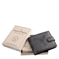 Ez a valódi bőrből készült, vintage stílusú férfi bőr pénztárca karakteres, sas mintás fedéllel és praktikus, patentos átkapcsoló pánttal készült.