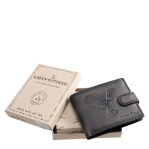 Ez a valódi bőrből készült, vintage stílusú férfi bőr pénztárca karakteres, sas mintás fedéllel és praktikus, patentos átkapcsoló pánttal készült.