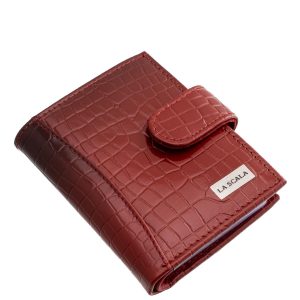 Dekoratív és igazán divatos modellünk ez a valódi bőr, La Scala márkás, croco mintás, álló elrendezésű kártyatartó, minőségi díszdobozban.