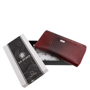 Stílusos croco mintás, nagyméretű, körbe cipzáros, valódi bőr női pénztárca, elegáns La Scala fémlogóval, mutatós és minőségi díszdobozban.