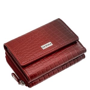 Kiváló minőségű, divatos, valódi bőr, croco mintás, fényes, kis méretű női pénztárca modell, fedél részén La Scala fémlogóval, díszdobozban szállítva.