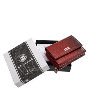 Kiváló minőségű, divatos, valódi bőr, croco mintás, fényes, kis méretű női pénztárca modell, fedél részén La Scala fémlogóval, díszdobozban szállítva.