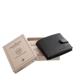 Ez a GreenDeed márkás, prémium minőségű, díszdobozos, valódi bőr férfi pénztárca, amelynek finoman fényes, fekete felülete elegáns megjelenést biztosít.