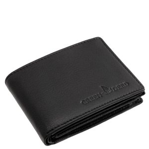 Ez a GreenDeed márkájú, prémium minőségű kisméretű férfi pénztárca valódi bőr anyagból készült, kifinomult fekete színben, enyhén fényes felülettel.
