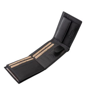 Ez a GreenDeed márkájú, prémium minőségű kisméretű férfi pénztárca valódi bőr anyagból készült, kifinomult fekete színben, enyhén fényes felülettel.