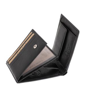 Ez a GreenDeed márkájú, prémium minőségű kisméretű férfi pénztárca valódi bőr anyagból készült, kifinomult fekete színben, enyhén fényes felülettel.