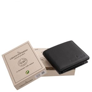Ez a GreenDeed márkájú, prémium minőségű kisméretű férfi pénztárca valódi bőr anyagból készült, kifinomult fekete színben, enyhén fényes felülettel.