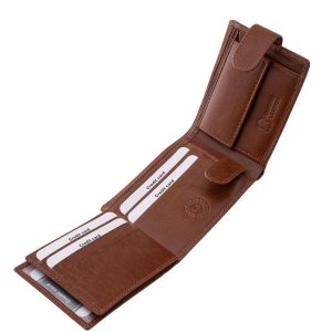 Ez a prémium minőségű, kisméretű, valódi bőr férfi pénztárca a La Scala márkacsalád elegaáns megjelenésű fényes külsejű, díszdobozos modellje.