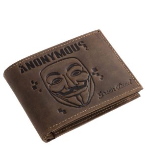 Egyedi és modern valódi bőr, GreenDeed márkás férfi pénztárca modell, Anonymous motívummal, minőségi díszdobozban szállítva.