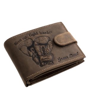 Valódi bőr, GreenDeed márkás, fiatalos és sportos, egyedi boksz mintával ellátott, külső átkapcsolópánttal rendelkező, férfi pénztárca modell, díszdobozban.