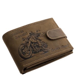 Kiváló minőségű, GreenDeed, valódi bőr, vagány, sportos, chopper motoros mintával ellátott férfi pénztárca, külső átkapcsolóval, díszdobozban szállítva