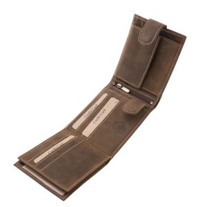 Ez a valódi bőr pénztárca modern fegyveres katonát ábrázoló mintával készült, amely egyedi minta a fedélen kapott helyet, és átkapcsolópánttal zárható.