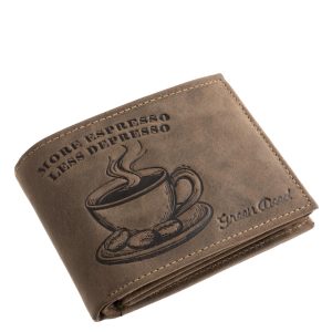 Igazi, koffeinrajongóknak készült egyedi bőr pénztárca, melynek fedelét kávés csésze és egy kedves felirat díszíti, díszdobozban kapható férfi modell.