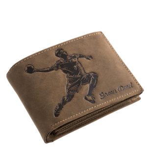 A valódi bőr férfi pénztárca modell fedelén kézilabdás grafika látható, mely egyedi jellemzője ennek a minőségi díszdobozos terméknek.