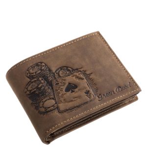 Ez a különleges valódi bőr férfi pénztárca egyedi, póker tematikájú mintával készült, amelyen kártyalapok és zsetonok láthatók, díszdobozos modellünk.