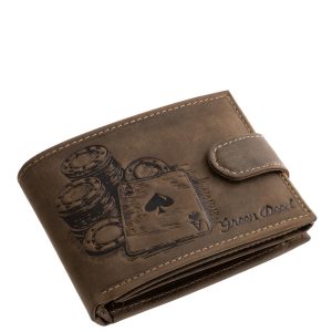 Ez a különleges díszdobozos valódi bőr férfi pénztárca egyedi, póker tematikájú mintával készült, amelyen kártyalapok és zsetonok láthatók.