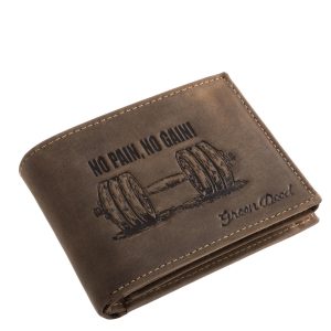 Minőségi, valódi bőr, mintás férfi pénztárca modell súlyzós mintával, bodybuilder témában, természetes hatású GreenDeed díszdobozban.