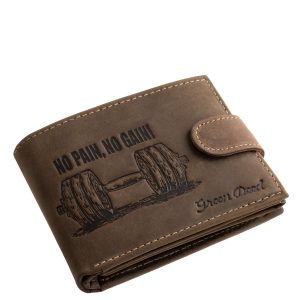 Ez a valódi bőr, sportos férfi pénztárca modern súlyzós mintával és a „No pain, no gain” felirattal díszített díszdobozos modell.