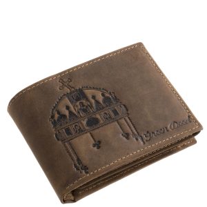 A magyar Szent Korona mintájával díszített, valódi, minőségi bőr pénztárca, praktikus, kialakítással rendelkező, díszdobozos modell.