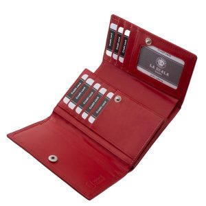Praktikus méretű, kényelmesen használható, klasszikus megjelenésű valódi bőr női pénztárca, mely divatos piros színben készült.