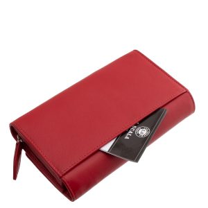 Valódi bőr női pénztárca a hétköznapok divatos kiegészítője, nőies piros színben gyártott praktikus kialakítású nagyméretű modell a La Scala márkától.