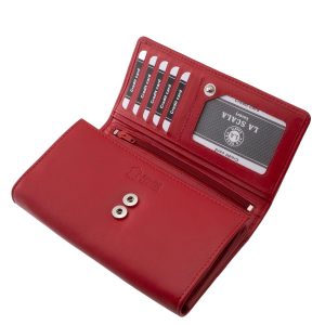 Valódi bőr női pénztárca a hétköznapok divatos kiegészítője, nőies piros színben gyártott praktikus kialakítású nagyméretű modell a La Scala márkától.