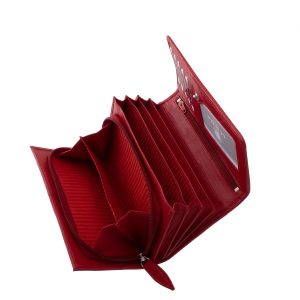 Valódi bőr női pénztárca a hétköznapok divatos kiegészítője, nőies piros színben gyártott praktikus kialakítású nagyméretű modell a La Scala márkától.