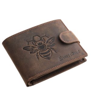 Egyedi megjelenésű, valódi bőr férfi pénztárca, amelyet méhész témájú grafika és praktikus, patentos átkapcsoló pánt tesz különlegessé, díszdobozos modell.