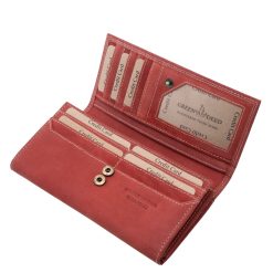 Divatos piros és fekete színben gyártott, puha tapintású valódi bőr női pénztárca, mely GreenDeed díszdobozban kapható nagy méretű termékünk.