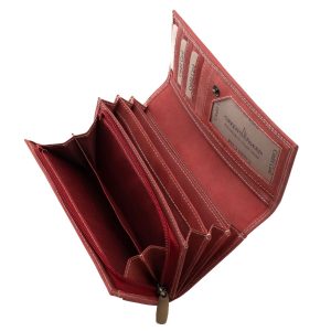 Divatos piros és fekete színben gyártott, puha tapintású valódi bőr női pénztárca, mely GreenDeed díszdobozban kapható nagy méretű termékünk.
